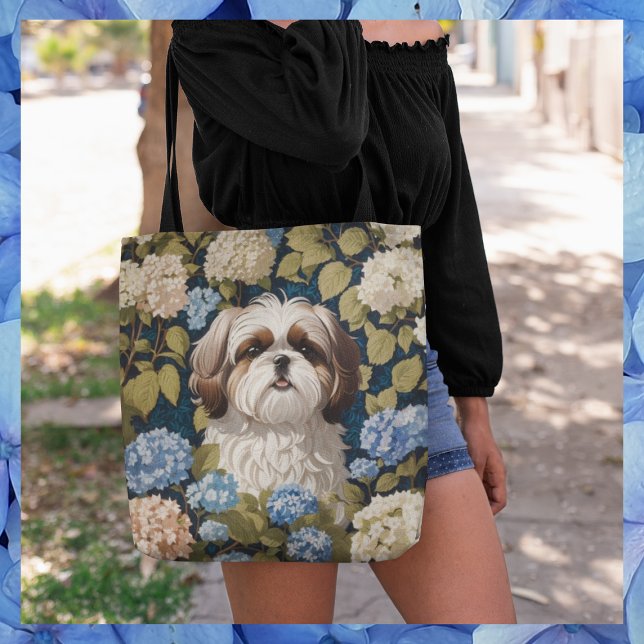 Bolsa Tote Cute Shih Tzu Puppy Blue hydrangea flores (Criador carregado)