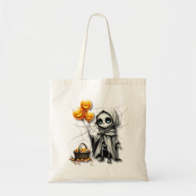 Bolsa Tote Cute Skeleton Girl with Pumpkin Balloons  (Frente)