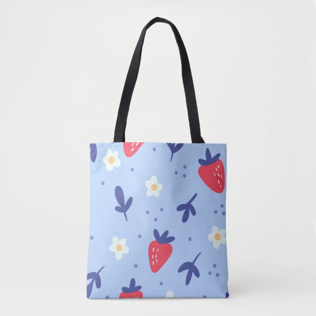 Bolsa Tote Cute Strawberry and Spring Flower Pattern on Blue (Frente)