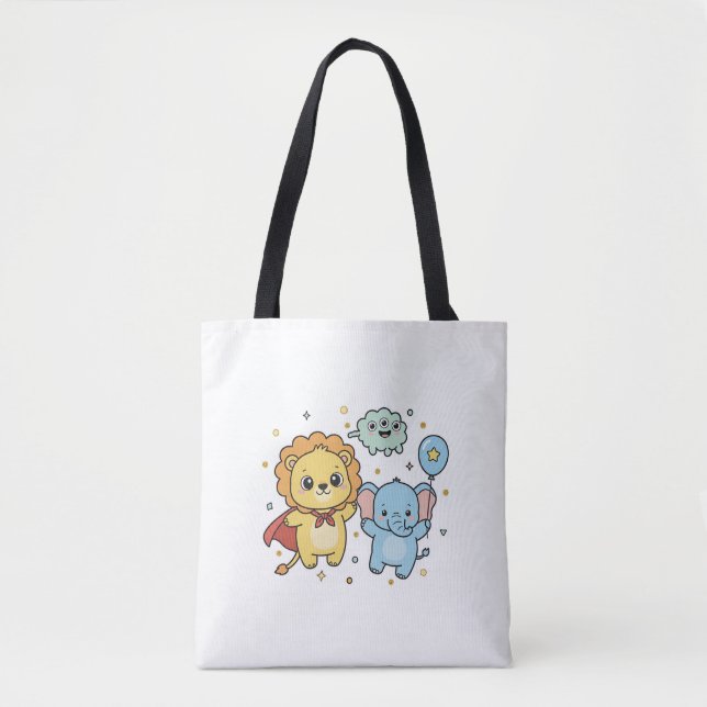 Bolsa Tote Cute Superhero Lion and Elephant Friends Cartoon (Frente)