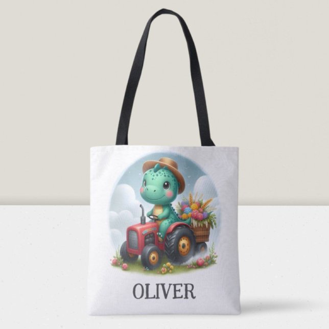 Bolsa Tote Cute Trex Dinossauro Dirigindo um Trator Vermelho  (Criador carregado)