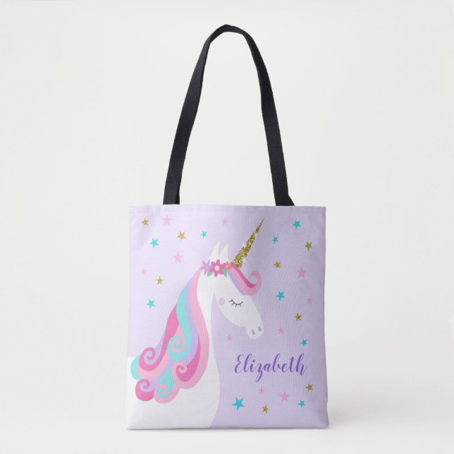 Bolsa Tote Cute Unicorn Stars Glitter Roxo (Frente)