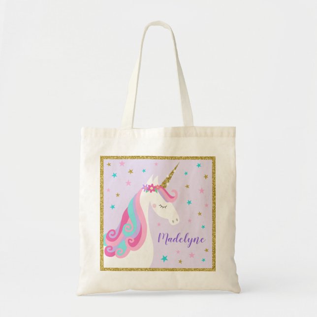 Bolsa Tote Cute Unicorn Stars Glitter Roxo (Frente)