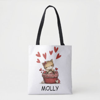 Bolsa Tote Cute Valentine Cat with Hearts Personalized