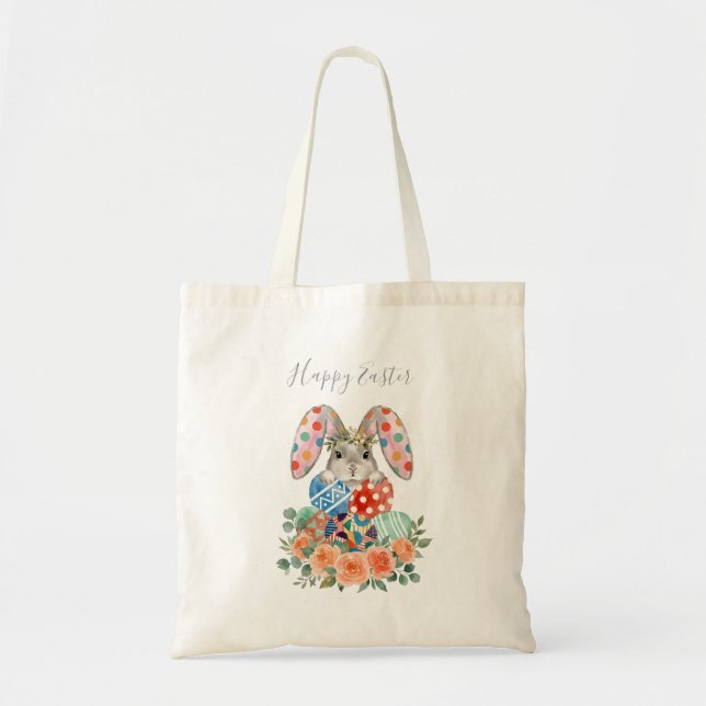 Bolsa Tote Cute Watercolor Floral Easter Bunny Eggs (Frente)