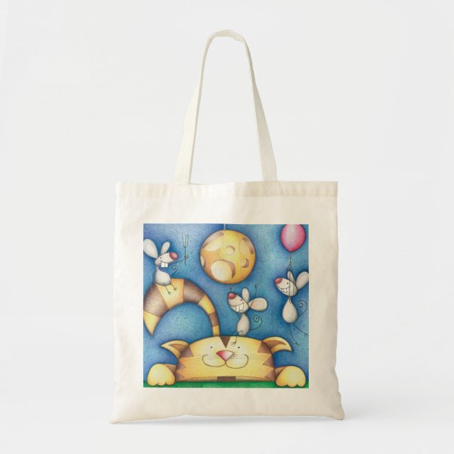 Bolsa Tote Cute Whimsical Cat and Mouse Moon Art (Frente)