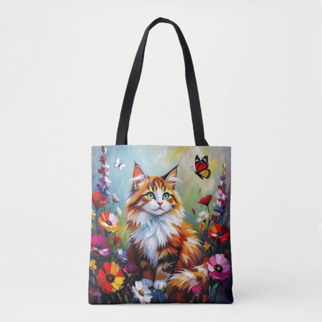 Bolsa Tote Cute Whimsical  Cat, Flowers and Butterflies (Frente)