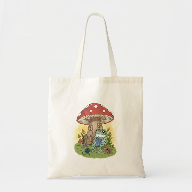Bolsa Tote Cute Whimsical Frog Knitting Illustration (Frente)
