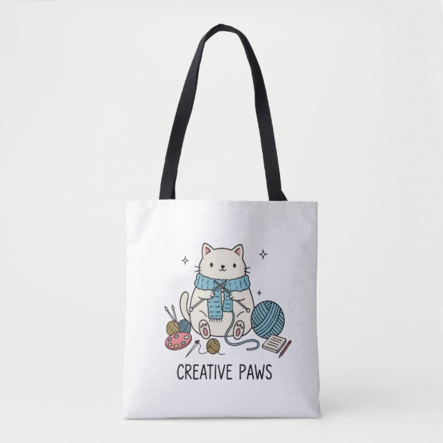 Bolsa Tote Cute White Cat Knitting Hobbyist Accessory Design (Frente)