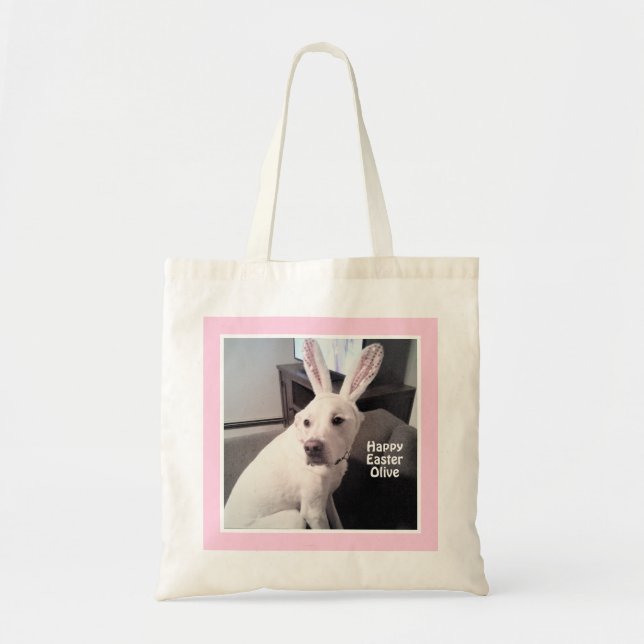 Bolsa Tote Cute White Puppy Dog With Easter Bunny Ears Pink (Frente)