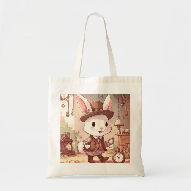 Bolsa Tote Cute White Rabbit Wonderland Whimsical Timekeeper (Frente)