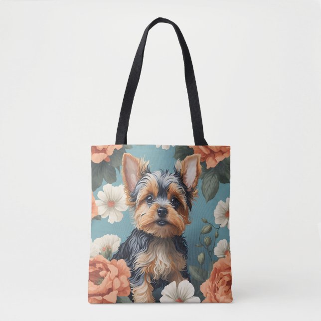 Bolsa Tote Cute Yorkshire Terrier Puppy Floral (Frente)