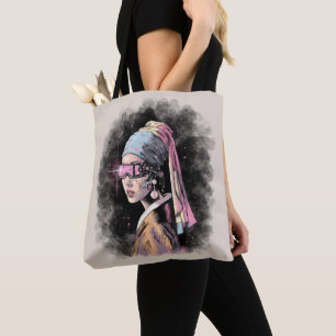 Bolsa Tote Cyber-Girl com uma pérola a ouvir