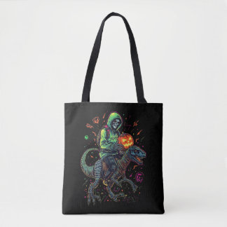 Bolsa Tote Cyber Neon Skeleton Riding Robo Dino - Halloween