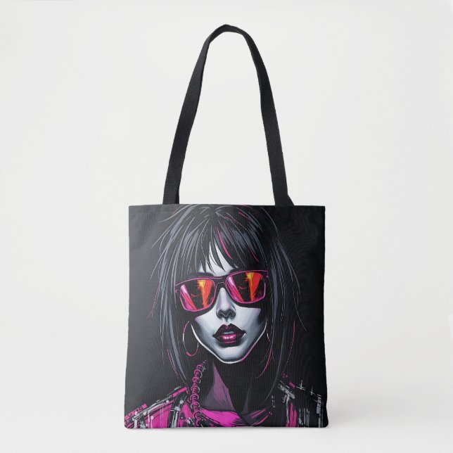 Bolsa Tote Cyberpunk Girl com Neon Hair (Frente)