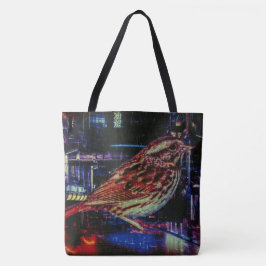 Bolsa Tote Cyberpunk Sparrow em Neon Cityscape