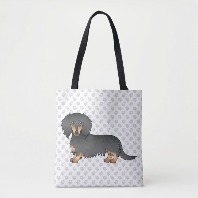 Bolsa Tote Dachshund Cartoon Cachorro Pelo Longo Preto e Cast (Frente)