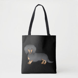 Bolsa Tote Dachshund Cartoon de Pelo Longo Preto e Castanho