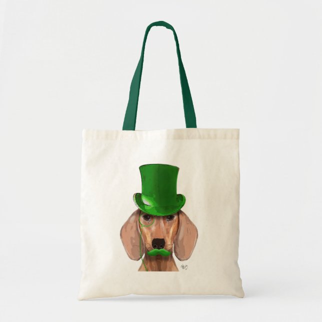 Bolsa Tote Dachshund com chapéu verde e bigode (Frente)