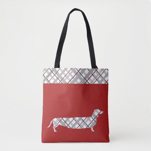 Bolsa Tote Dachshund da xadrez no vermelho (Frente)