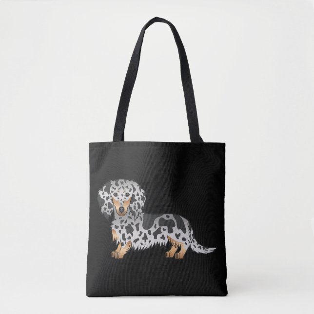 Bolsa Tote Dachshund de Cabelo Longo Preto e Marrom Dapple em (Frente)