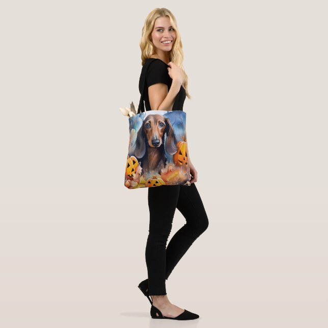 Bolsa Tote Dachshund Halloween com Abóboras Assustador (No(a) Modelo)