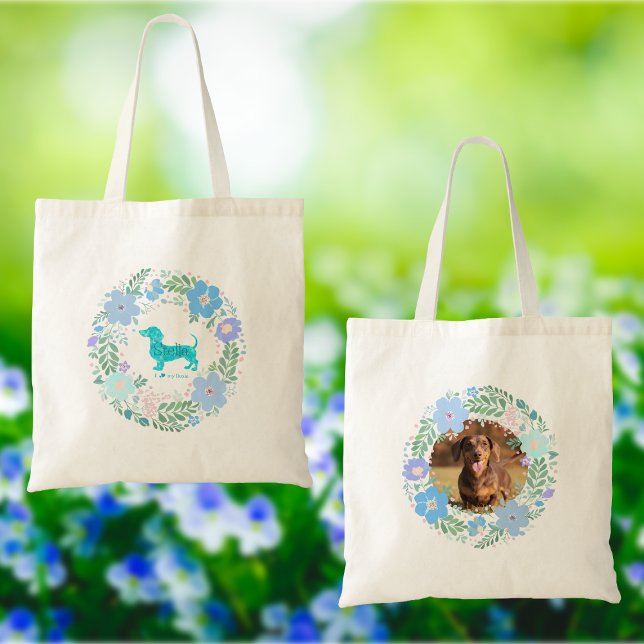 Bolsa Tote Dachshund Pastel Blue Flower Wreath - Personalized (Criador carregado)