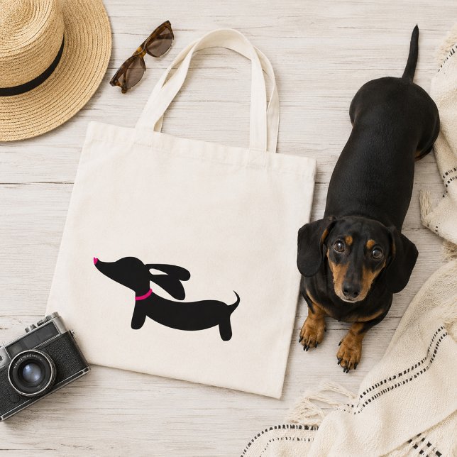 Bolsa Tote Dachshund Preta com Acentos Rosa (Wiener dog tote bag featuring a black doxie with a pink nose and collar)