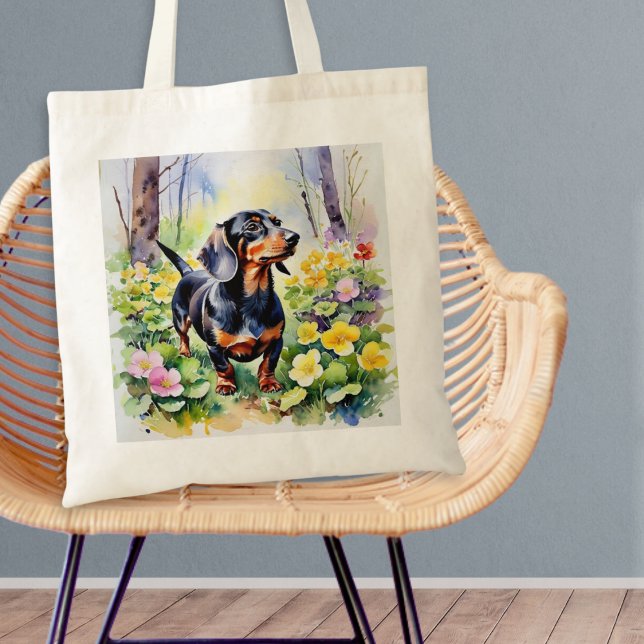 Bolsa Tote Dachshund Sausling Dog Woodland Primrose Flowers (A tote bag with picture of an adorable dachshund walking in woodland with colorful primrose flowers)
