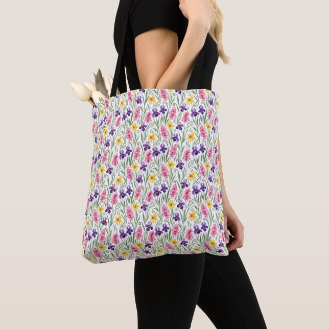Bolsa Tote Daffodil Yellow, Iris Purple, Hyacinth Pink Floral (Close Up)
