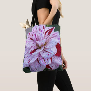 Bolsa Tote Dahlia Bloom Floral, Variegada de Vermelho e Branc