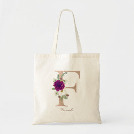 Bolsa Tote Dahlia buquê floral monograma em ouro, letra F