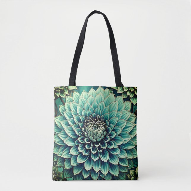 Bolsa Tote Dahlia Flower in Teal Aqua Blue Digital Art (Frente)