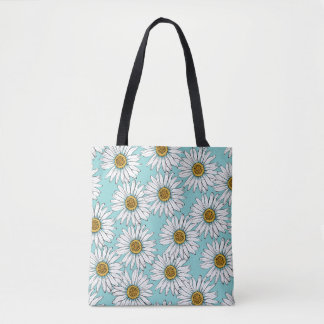 Bolsa Tote Daisies White Flowers on Blue vintage Seamless Pat