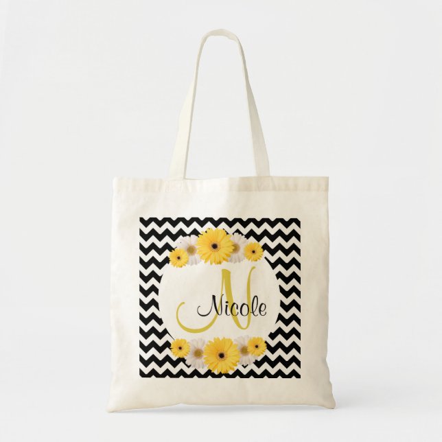 Bolsa Tote Daisy de Chevron branco preto personalizado (Frente)