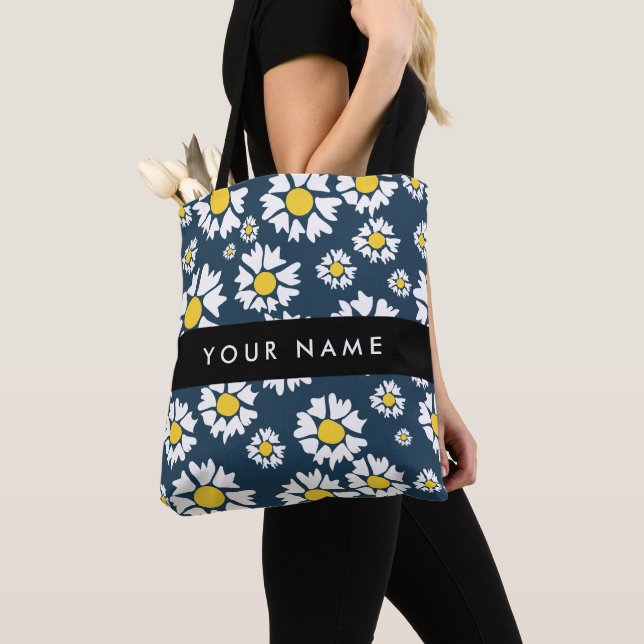 Bolsa Tote Daisy Pattern, White Daisies, Seu Nome (Close Up)