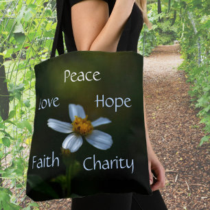 Bolsa Tote Daisy Peace Love Hope Faith Character Floral Green