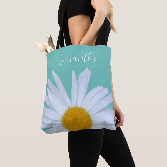 Bolsa Tote Daisy Photo Teal Green Elegant White Script (Close Up)