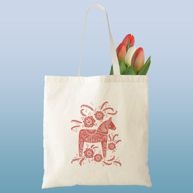 Bolsa Tote Dala Horse Red e White Suecos (Red and white Swedish Dala Horse folk art tote bag)