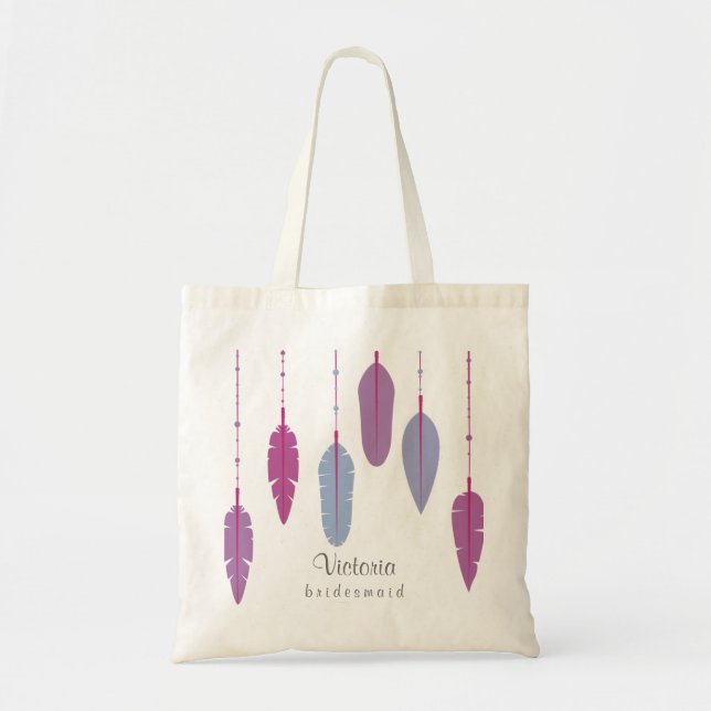 Bolsa Tote Dama de Honra Boho Roxo Pena Monogramada (Frente)