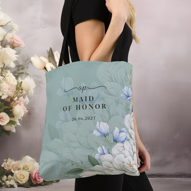 Bolsa Tote Dama de Honra | Casamento em Verde Salvia e Floral (Criador carregado)