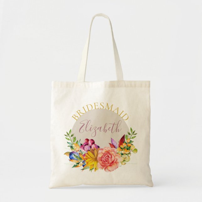Bolsa Tote Dama de honra com Buquê Floral Nome (Frente)