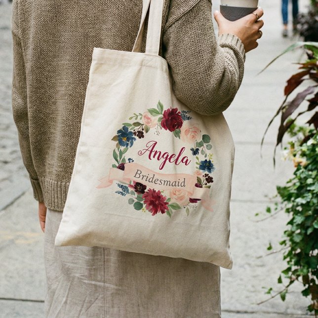 Bolsa Tote Dama de honra com grinalda floral azul e rosa Borg (Criador carregado)