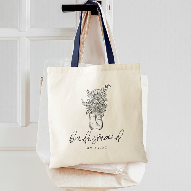 Bolsa Tote Dama de honra com jarra de flores silvestres rústi (Rustic Wildflower Mason Jar Calligraphy Bridesmaid Tote Bag)