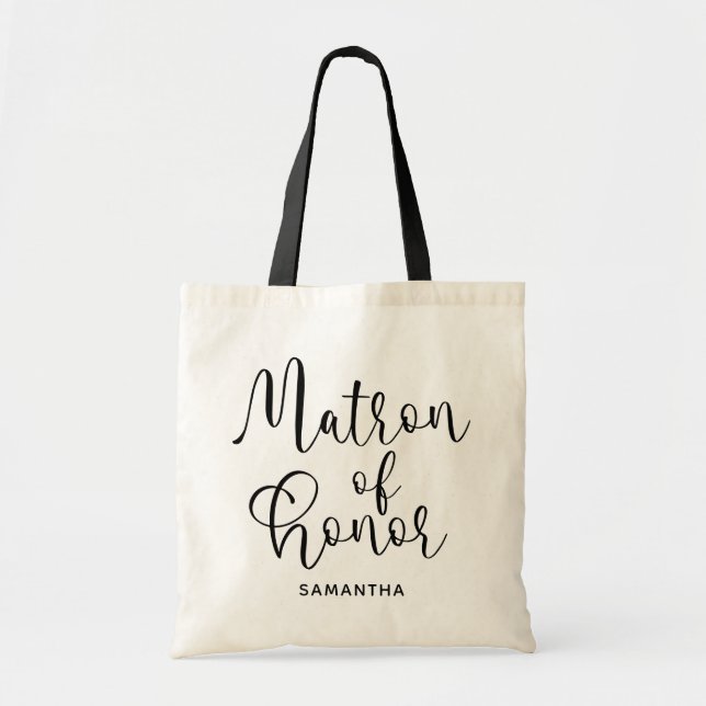 Bolsa Tote Dama de Honra em Caligrafia Moderna Preta (Frente)