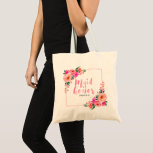 Bolsa Tote Dama de Honra Floral Rosa Rústico Aquarela
