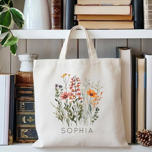 Bolsa Tote Dama de honra | Flores Silvestres Personalizadas D (Personalized Wildflowers Botanical Tote Bag Gift for Mom | Grandma | Aunt | Bridesmaids | Teacher)