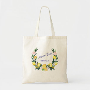 Bolsa Tote Dama de honra limões modernos azuis Chuva de noiva
