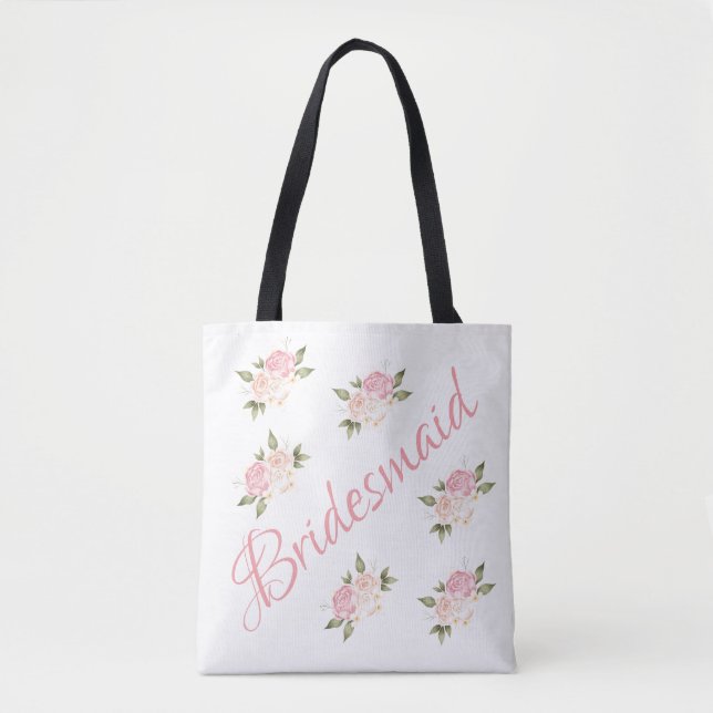 Bolsa Tote Dama de Honra Lindo Script Floral Rosa (Frente)