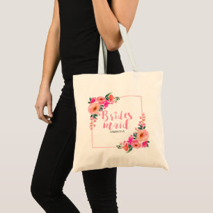 Bolsa Tote Dama de honra Moldura Floral Rosa Rústica Aquarela